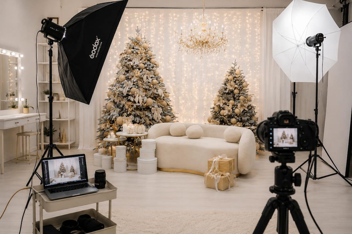 Detrás de las cámaras del montaje de un decorado de fotografía navideña en un salón.